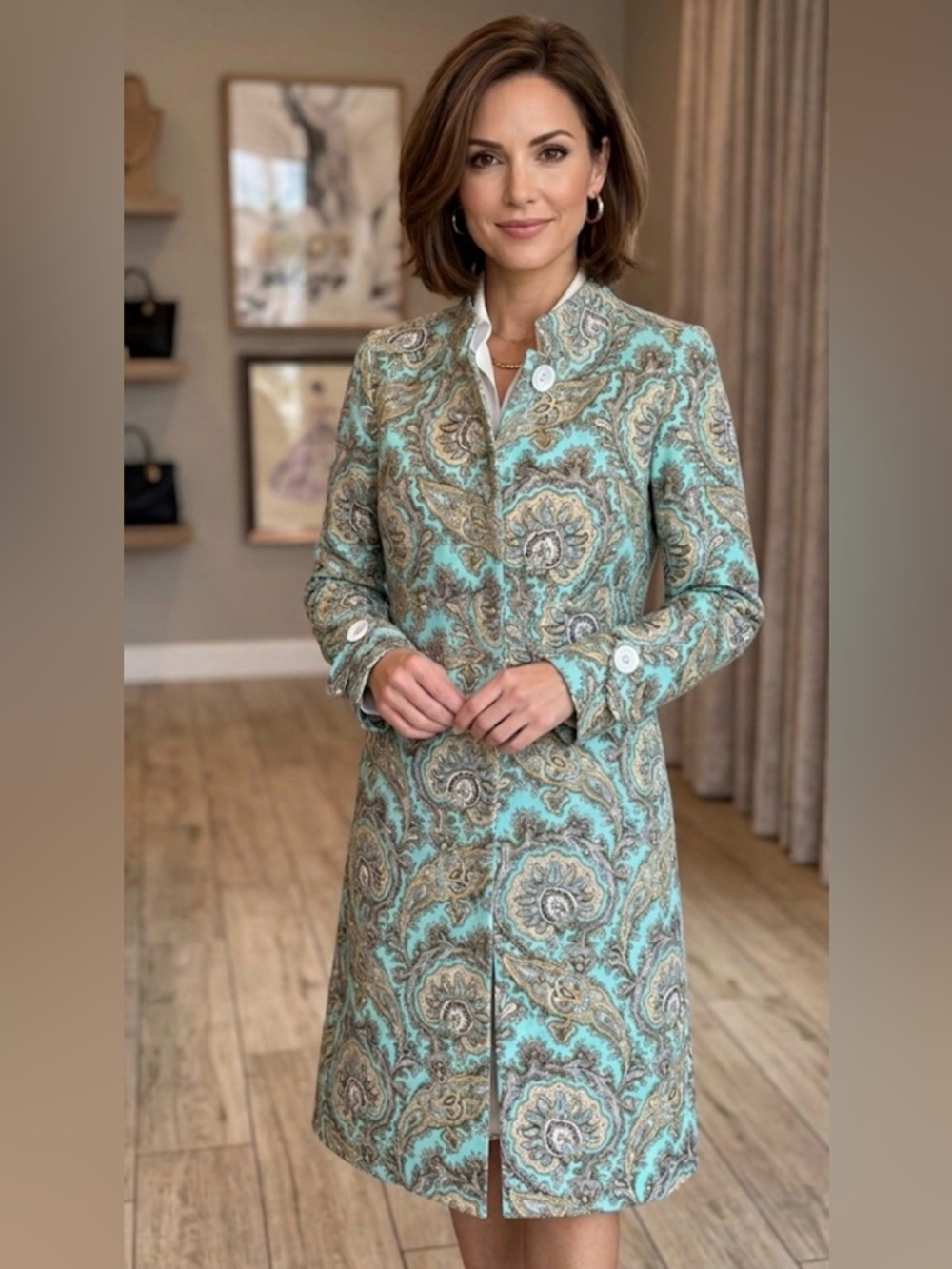 Etcetera Mint Paisley Button-Front Lightweight Coat